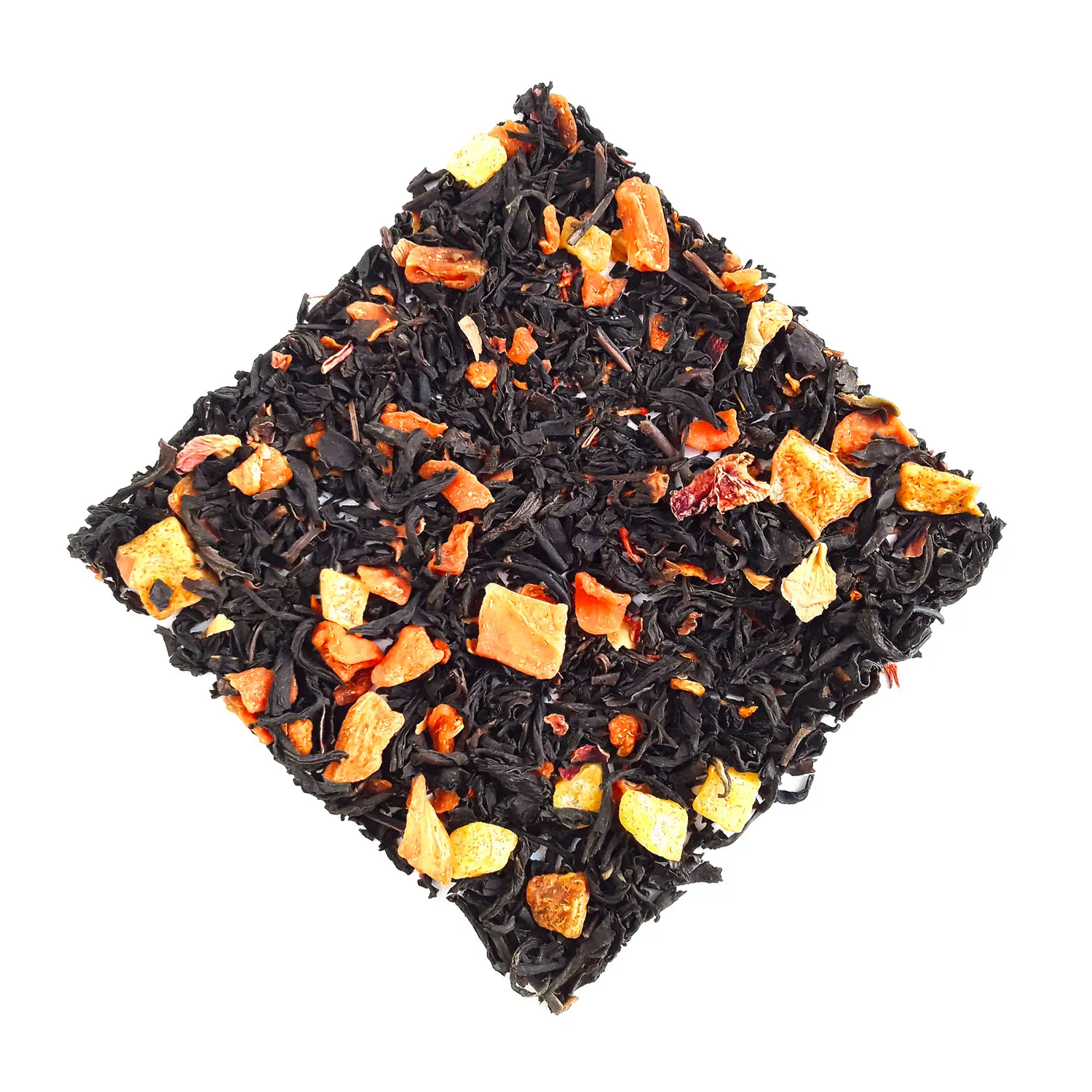 lychee peach black tea, loose black tea leaves blended with peach pieces gathered on a white background