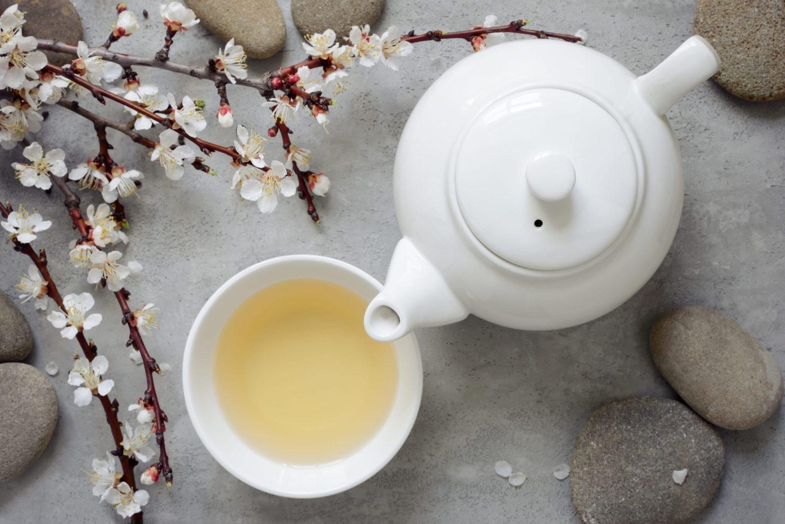 Wellness Tea in Teacup, with White Teapot and surrounding Yoga items, like Stones and Flowers.