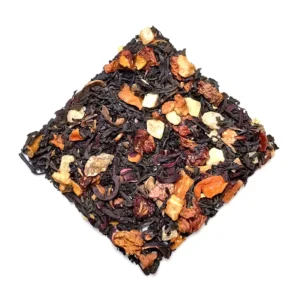 apple pie black tea, loose black tea leaves blended with various fruit pieces gathered on a white background