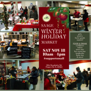 SAAGE Winter Holiday Market promo card, including images of vendors selling hot food, charcuterie, chocolates, teas, cupcakes, and more.