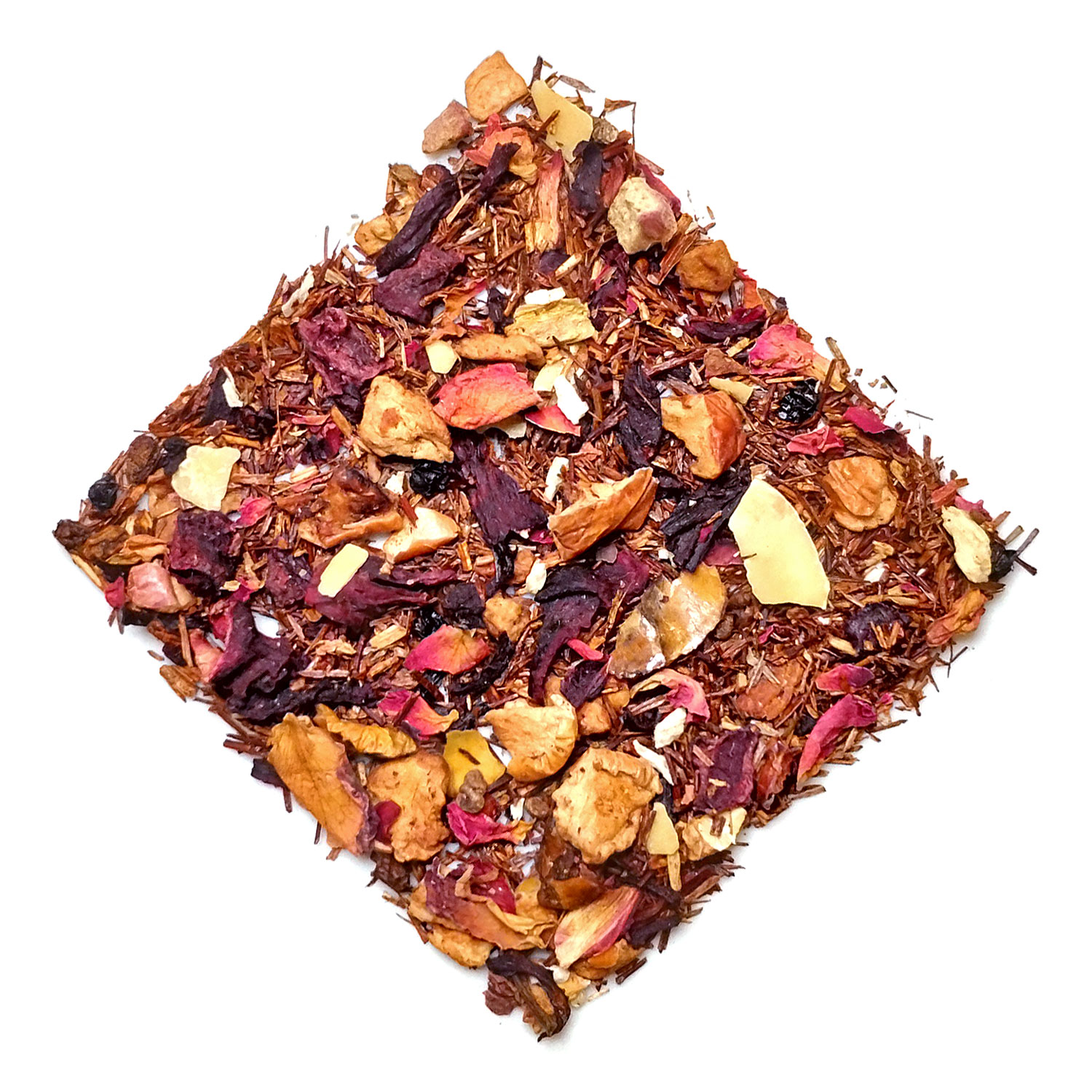 cherry rooibos tea, loose herbal blend with various fruit pieces and herbs gathered on a white background